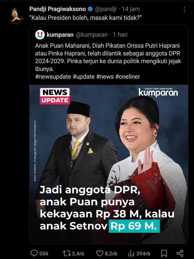 Anak Politisi Jadi Anggota DPR Pandji Pragiwaksono Sindir Jokowi